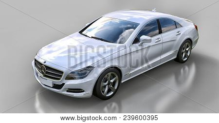 White Mercedes Benz Cls Coupe On A Gray Background. 3d Rendering