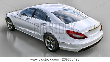 White Mercedes Benz Cls Coupe On A Gray Background. 3d Rendering