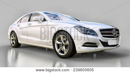 White Mercedes Benz Cls Coupe On A Gray Background. 3d Rendering