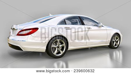 White Mercedes Benz Cls Coupe On A Gray Background. 3d Rendering