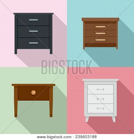 Nightstand Bedside Icons Set. Flat Illustration Of 4 Nightstand Bedside Vector Icons For Web