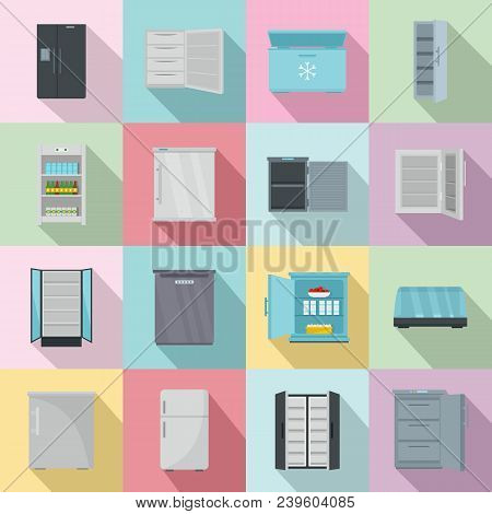 Freezer Fridge Frozen Ice Icons Set. Flat Illustration Of 16 Freezer Fridge Frozen Ice Vector Icons 