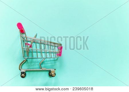 Small Supermarket Grocery Push Cart For Shopping Toy With Wheels And Pink Plastic Elements On Blue P