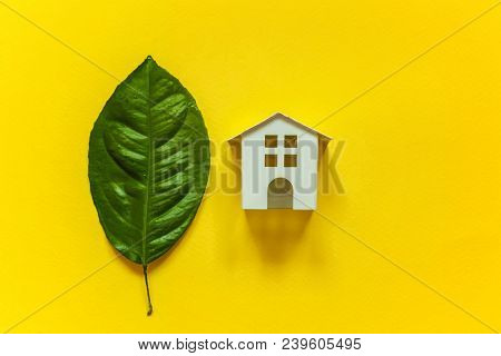 Miniature Toy Model House With Green Leaves On Yellow Colourful Trendy Backgdrop. Eco Village, Abstr