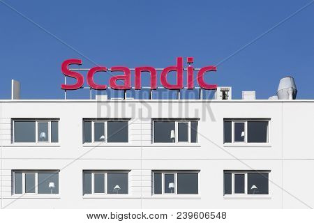 Aarhus, Denmark - April 20, 2018: Scandic Hotel Building In Aarhus. Scandic Hotels Is A Hotel Chain 