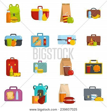 Lunchbox Food Icons Set. Flat Illustration Of 16 Lunchbox Food Vector Icons Isolated On White
