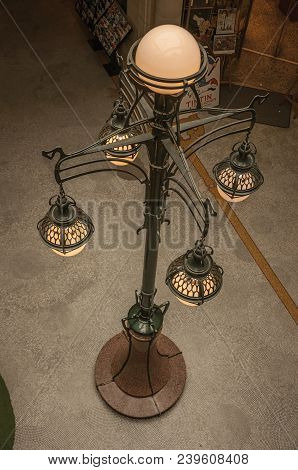 Brussels, Central Belgium - July 04, 2017. Art Nouveau Lamp And Mosaic Floor In An Old Building, At 
