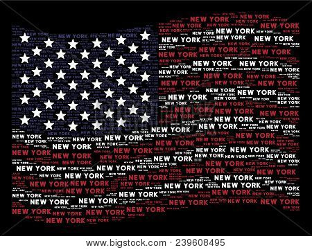 New York Text Items Are Composed Into Waving American Flag Stylization On A Dark Background. Vector 