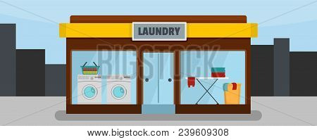 Laundry Building Banner Horizontal. Flat Illustration Of Vector Laundry Building Banner Horizontal F