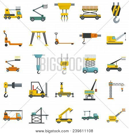 Lifting Machine Equipment Icons Set. Flat Illustration Of 25 Lifting Machine Equipment Cargo Vector 