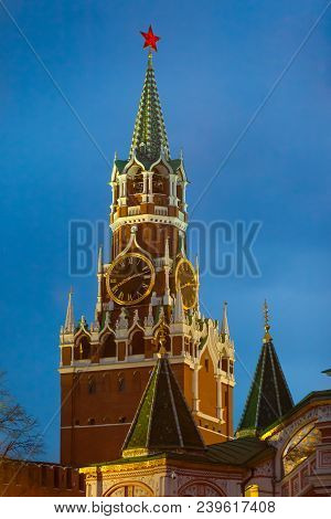 View Of The Spasskaya Tower Of The Moscow Kremlin. Red Square. Before Sunset.