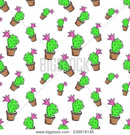 Sketch Doodle Home Green Cactus In Brown Pot, Seamless Pattern Isolated On White Background, Flat Ca