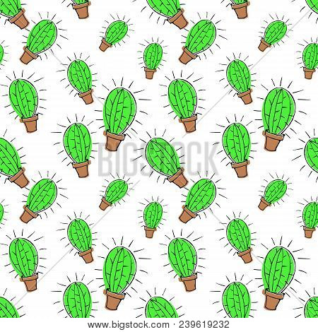 Sketch Doodle Home Green Cactus In Brown Pot, Seamless Pattern Isolated On White Background, Flat Ca