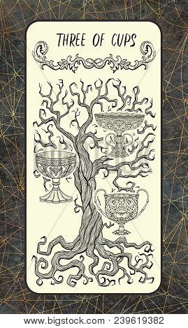 Three Of Cups. Minor Arcana Tarot Card. The Magic Gate Deck. Fantasy Engraved Illustration With Occu