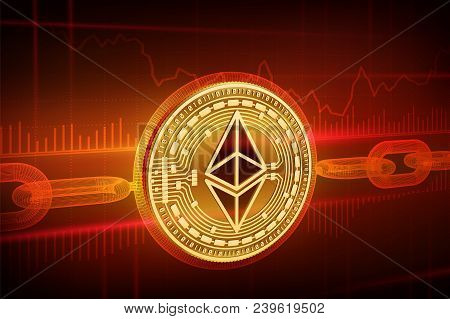 Crypto Currency. Block Chain. Ethereum. 3d Isometric Physical Golden Ethereum Coin With Wireframe Ch