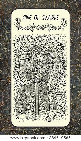 King Of Swords. Minor Arcana Tarot Card. The Magic Gate Deck. Fantasy Engraved Illustration With Occ