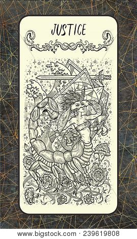 Justice. Major Arcana Tarot Card. The Magic Gate Deck. Fantasy Engraved Illustration With Occult Mys