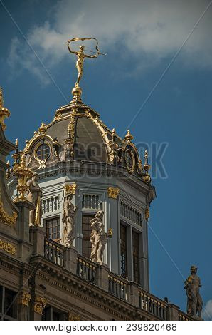 Close-up Of The Rich And Elegant Decoration On The Historic Buildings At Grand Place Of Brussels. Vi