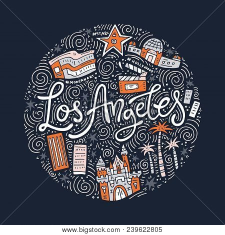Hand Drawn Illustration Of Loas Angeles With Lettering And Symbols Of The City.