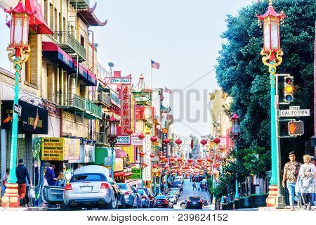 San Francisco - Apr 2, 2018: Red Lanterns Hang Along Busy Grant Avenue In The Heart Of San Francisco