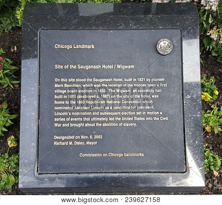Plaque Honoring The Site Of The Sauganash Hotel And The Wigwam Outside Of 191 North Upper Wacker Dri