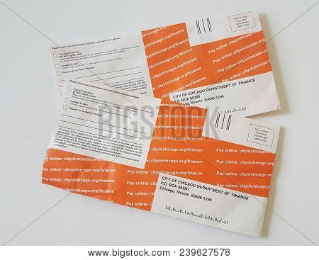 A Pair Of Two Envelopes For A City Of Chicago Department Of Finance Parking Ticket, Orange And White