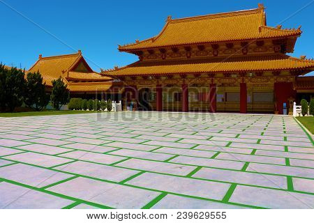 May 6, 2018 In Hacienda Heights, Ca:  Hsi Lai Buddhist Temple With A Large Courtyard Surrounded By M