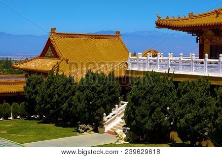 May 6, 2018 In Hacienda Heights, Ca:  Hsi Lai Buddhist Temple Surrounded By Manicured Landscaping Ta
