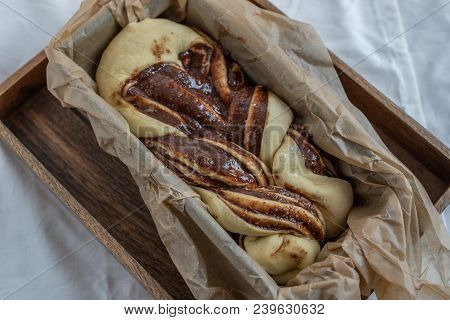 Home Made Chocolate Babka Fresh From The Oven On A Wooden Table