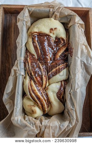 Home Made Chocolate Babka Fresh From The Oven On A Wooden Table