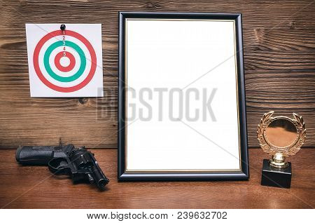 Best Shooter Diploma. First Place Winner In Shooting. Professional Shooter Certificate Mock Up. Gun,