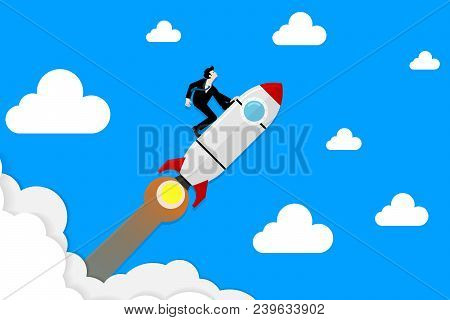 Businessman In Suit Kneel On Rocket Flying Through The Sky.