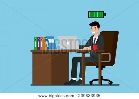 Businessman Work Very Happy At The Desk With Fully Energy. Flat Vector Illustration Design Of Employ