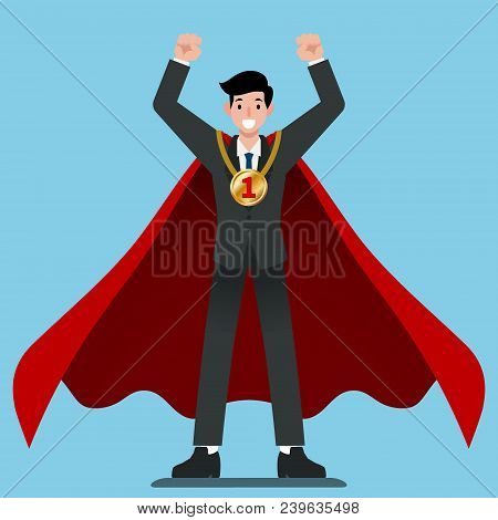Businessman In Red Cape Get Number One Gold Medal Winner With Successful In His Career. Flat Vector 
