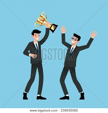 Businessman Holding Number One Gold Trophy With His Team Achievements. Vector Design Of Winning And 