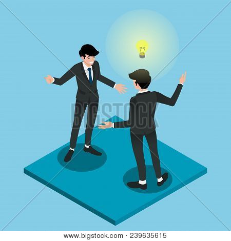 Isometric 3d Of Two Businessman Consulting Each Other In The Project To Improve Their  Work. Illustr