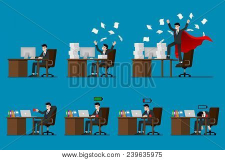 Set Of  Businessman Character Work In His Office With Seven Different Motion Pose. Isolated On Blue 