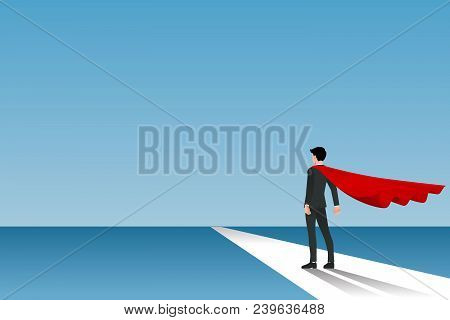 Businessman In Red Cape Standing On The Street Way To Success Of His Career. Flat Vector Illustratio