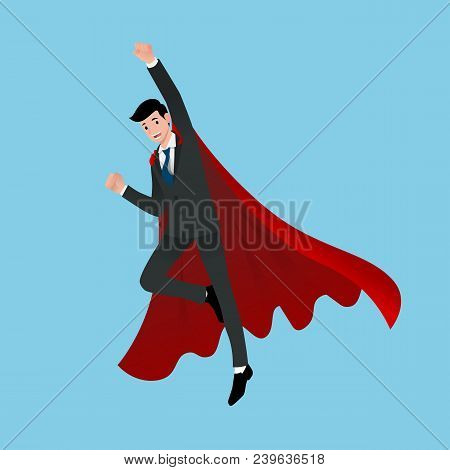 Businessman In Red Cape Flying In The Sky On Way To Success Of His Career. Flat Vector Illustration 