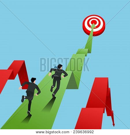 Businessman In Suit Race, Running To Go To Target For Success In The Top Of Graph, Win In Career, Ma