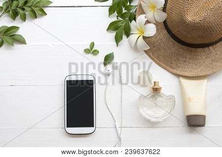 Natural Cosmetics For Skin Face Sunscreen Spf50 With Hat Mobile Phone Perfume Of Lifestyle Woman Rel
