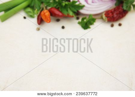Colorful Food Ingredients Vegetables Spices, Dill, Green, Onion. Food Ingredient Background For Food