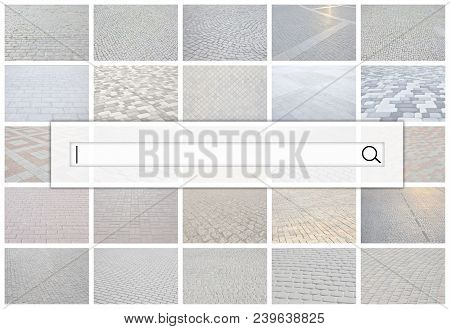 Visualization Of The Search Bar On The Background Of A Collage Of Many Pictures With Fragments Of Pa