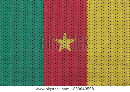 Cameroon Flag Printed On A Polyester Nylon Sportswear Mesh Fabric With Some Folds