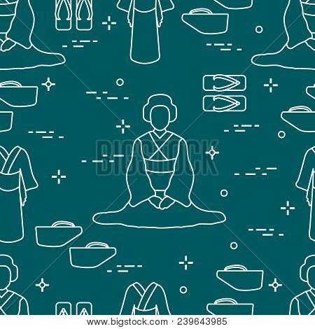 Seamless Pattern With Asian Woman, Traditional Japanese Clothing, Shoes. Travel And Leisure.