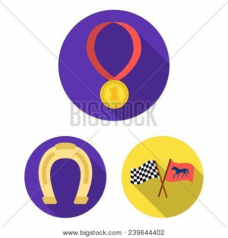 Hippodrome And Horse Flat Icons In Set Collection For Design. Horse Racing And Equipment Vector Symb
