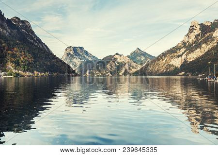 Traunsee Lake In Alps Mountains, Austria. Autumn Landscape