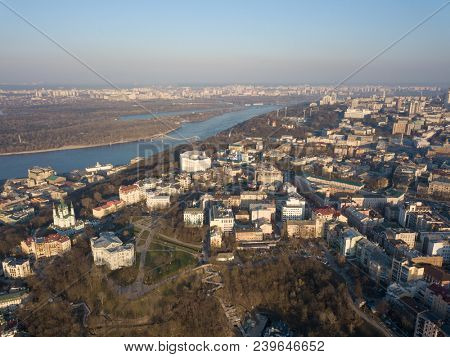Aerial view of Saint Andrew church. The old town of Kiev, the Podile district