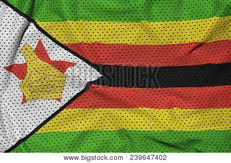 Zimbabwe Flag Printed On A Polyester Nylon Sportswear Mesh Fabric With Some Folds