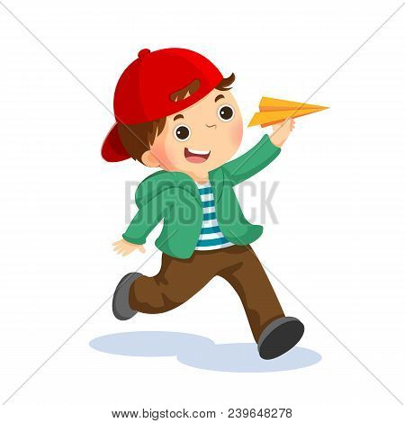 Vector Illustration Of Happy Kid Playing With Paper Airplane